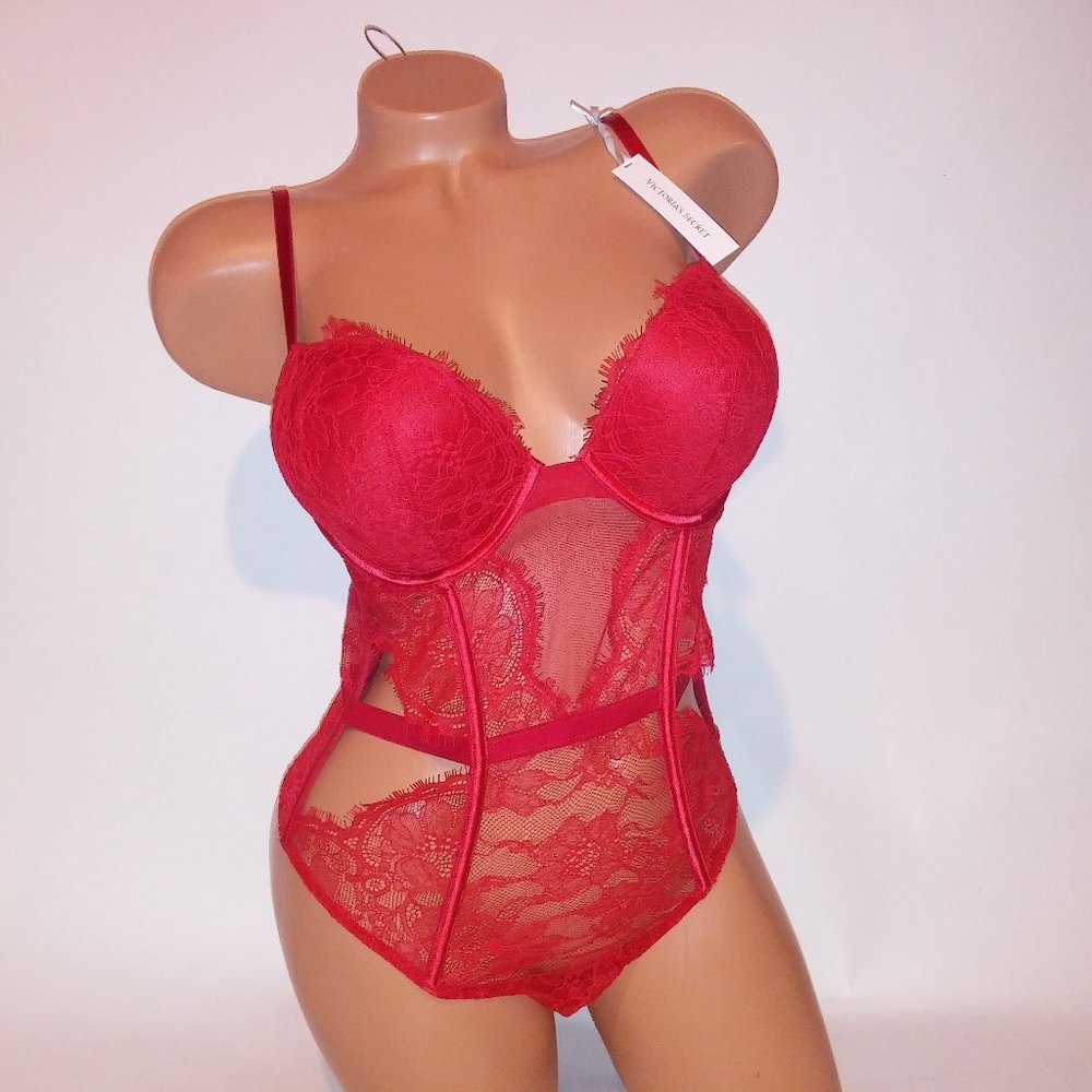 Victoria Secret Lingerie Teddy One Piece Bodysuit Bombshell Push Up Red Solid La